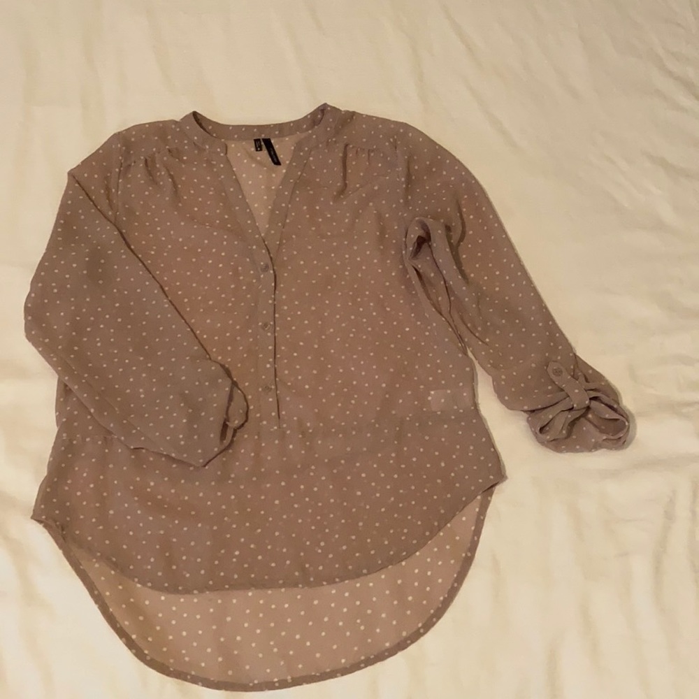 Taupe/pink 1/2 button front, convertible long or 3/4 sleeve.